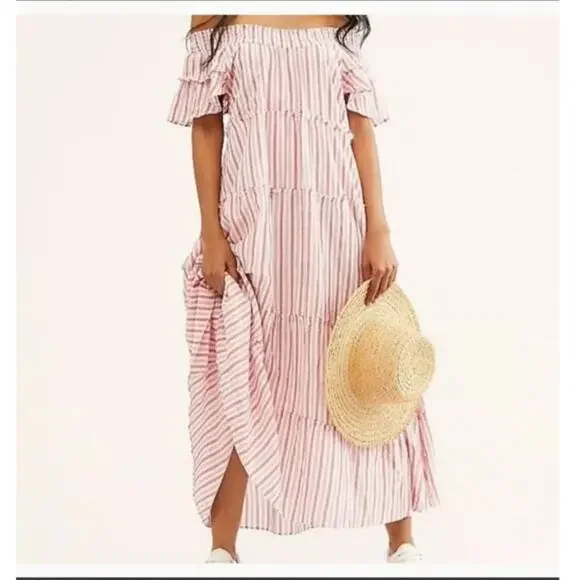 Free People | Dresses | Free People Maxi Dress Xs Teired Stripped  Cottagecore Summer Vacation Lined Red | Poshmark